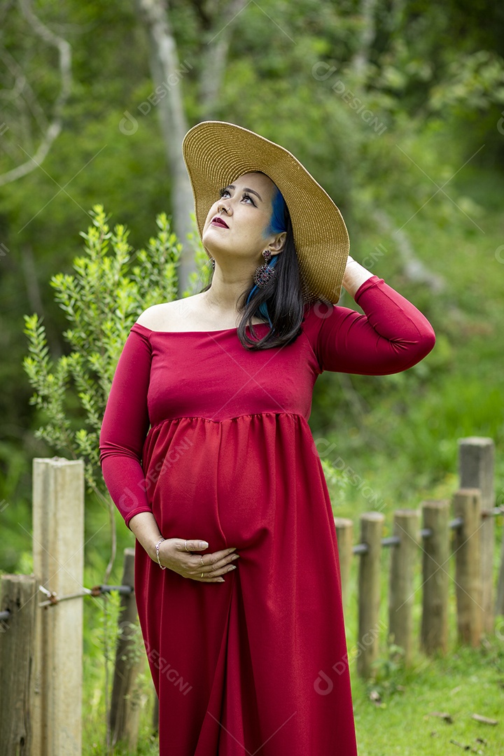 Linda mulher gravida sobre uma lindo local paisagem