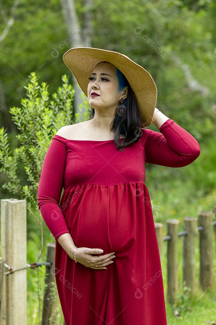 Linda mulher gravida sobre uma lindo local paisagem