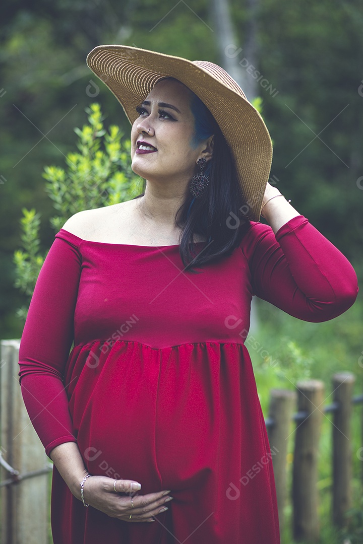 Linda mulher gravida sobre uma lindo local paisagem