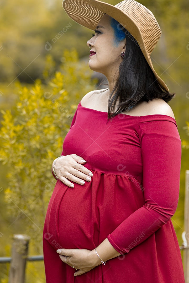 Linda mulher gravida sobre uma lindo local paisagem