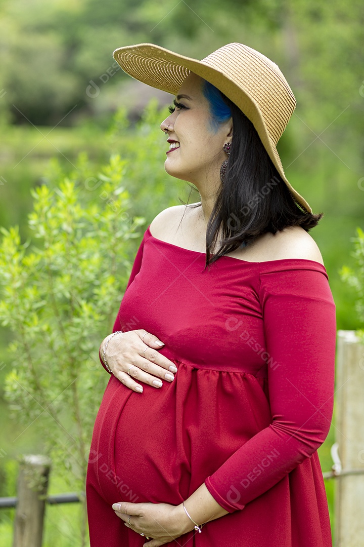 Linda mulher gravida sobre uma lindo local paisagem