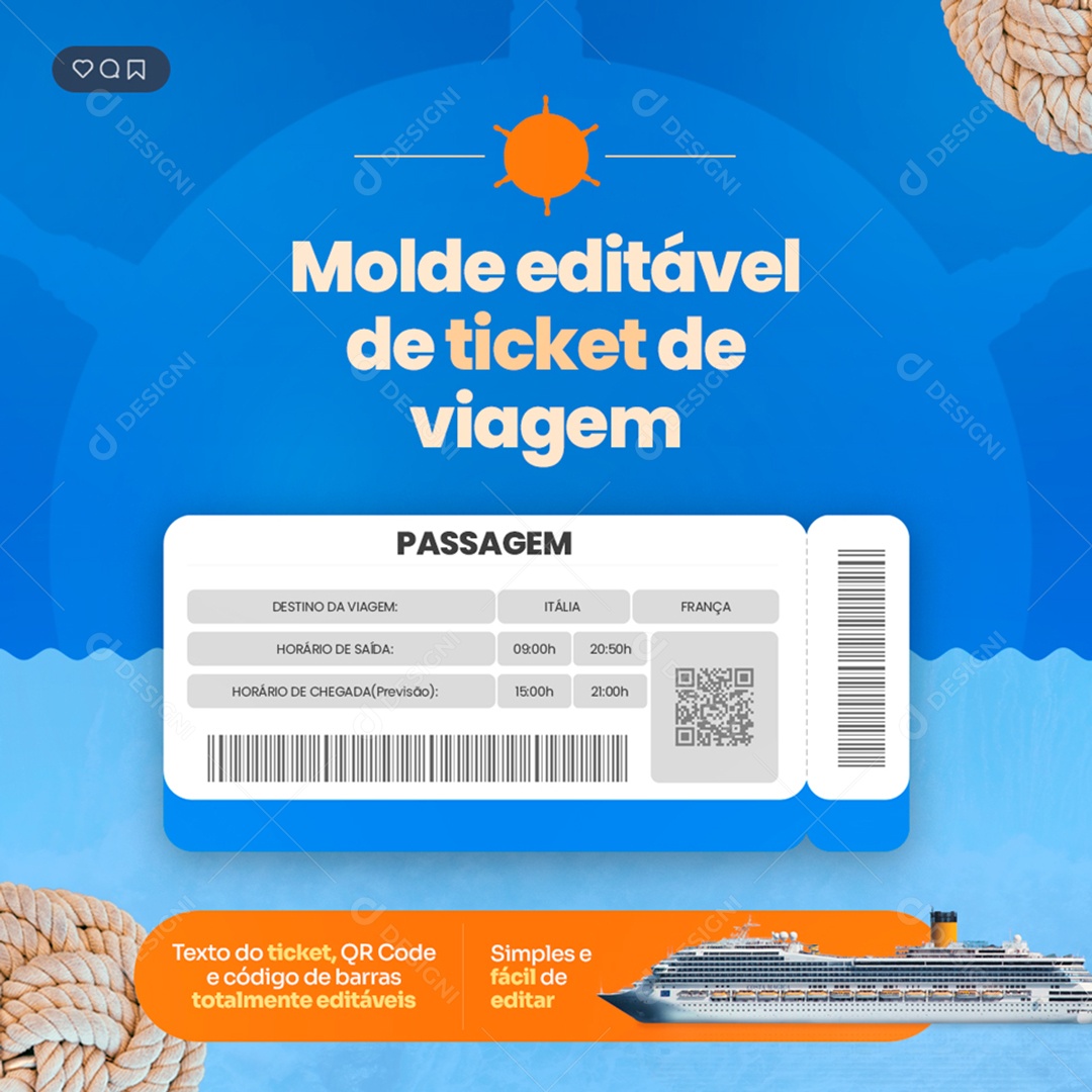 Molde Editável de Ticket de Viagem Social Media PSD Editável