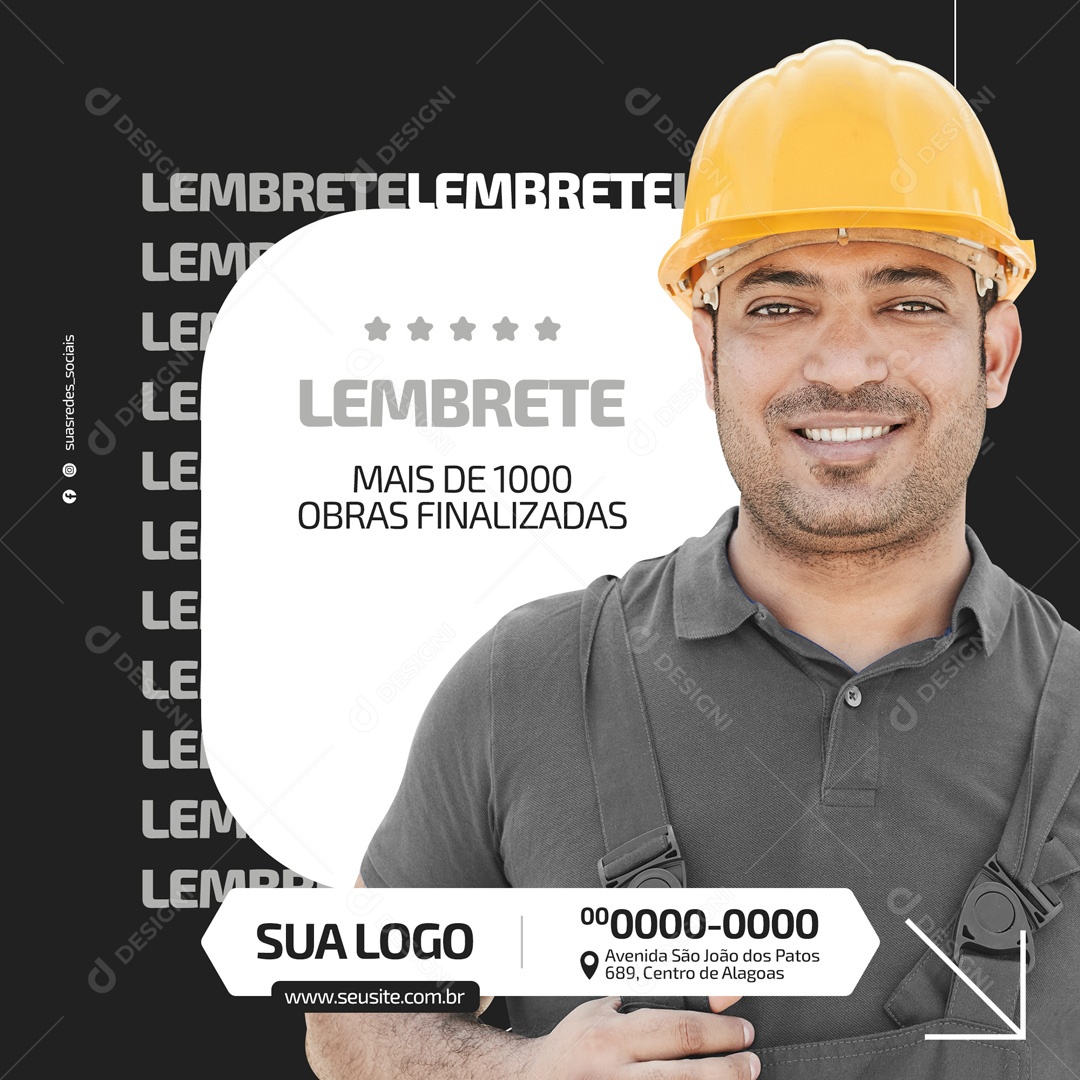 Lembrete Mais de 1000 Obras Finalizadas Arquitetura Social Media PSD Editável