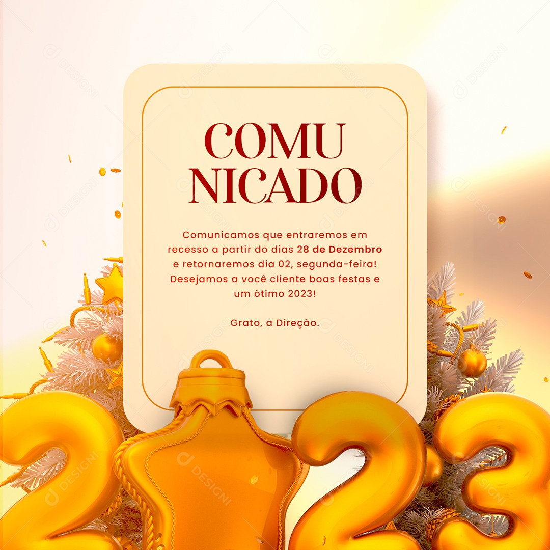 Comunicado Entraremos em Recesso Ano Novo Social Media PSD Editável