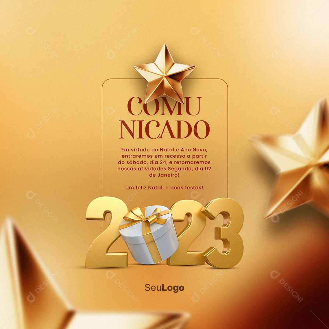 Comunicado Em Virtude do Natal e Ano Novo Entraremos em Recesso Social Media PSD Editável