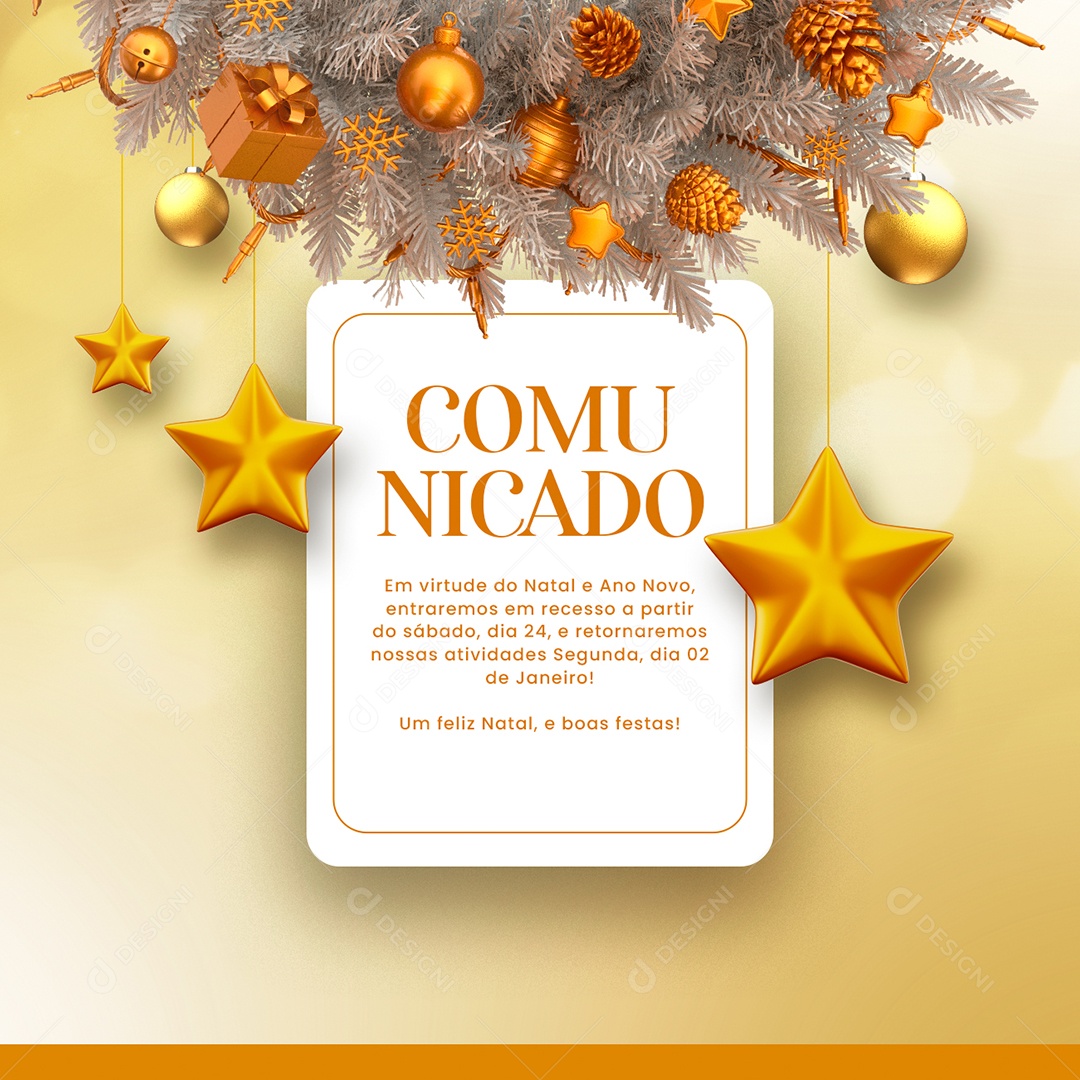 Comunicado Em Virtude do Natal e Ano Novo Entraremos em Recesso Social Media PSD Editável