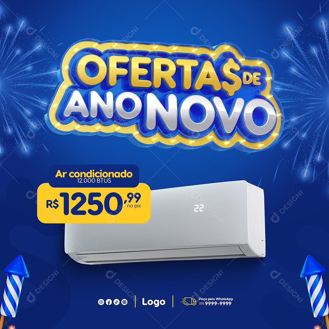 Ofertas de Ano Novo Ar Condicionado BTUS 1250,99 Loja Social Media PSD Editável