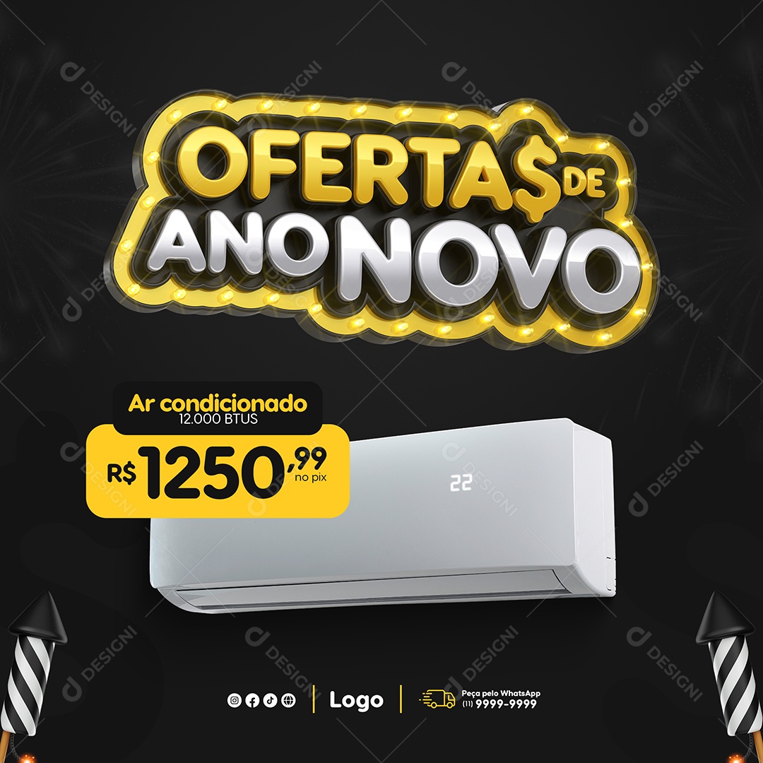 Social Media Ofertas de Ano Novo Ar Condicionado BTUS 1250,99 PSD Editável
