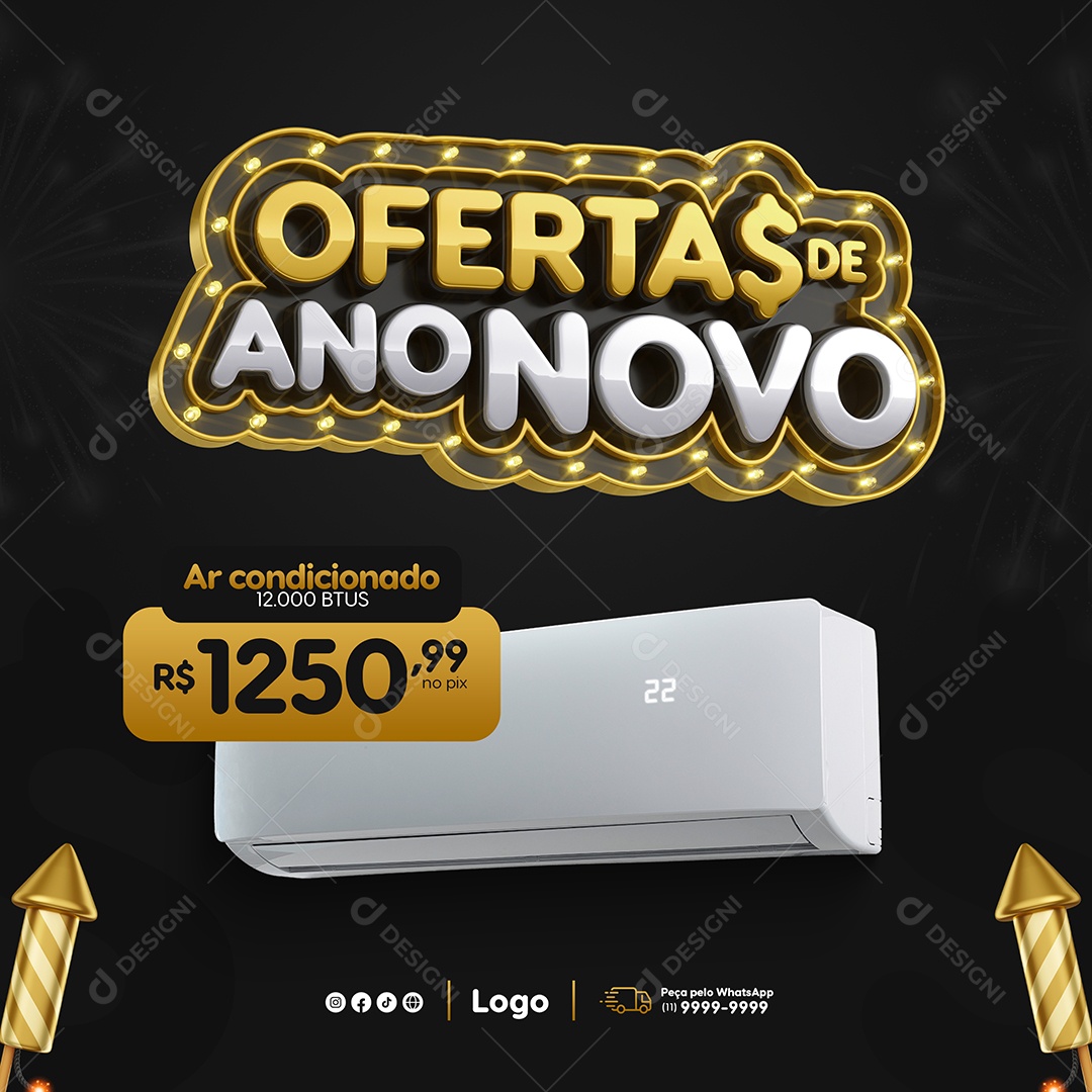 Ofertas de Ano Novo Ar Condicionado BTUS 1250,99 Social Media PSD Editável