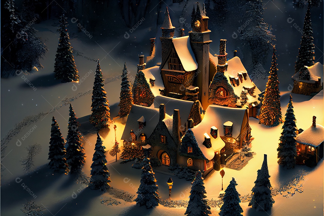 Vila de inverno decora o festival de Feliz Natal, renderização em 3D.