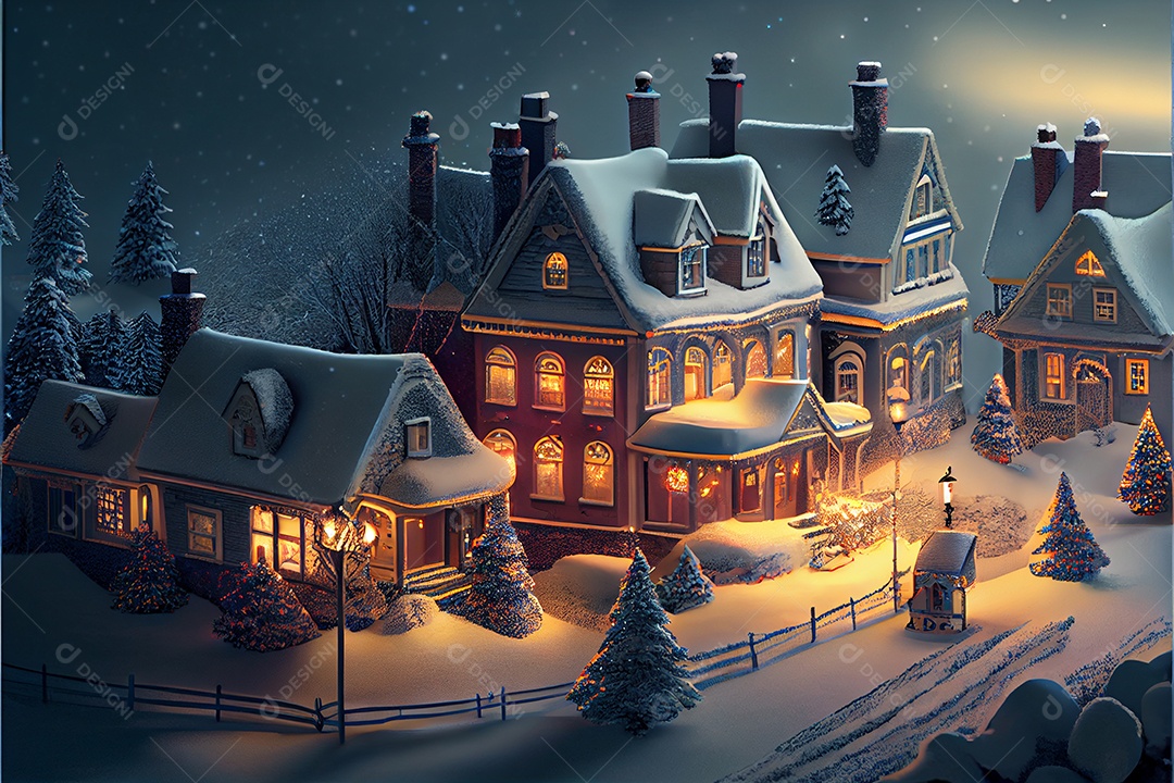 Vila de inverno decora o festival de Feliz Natal, renderização em 3D.