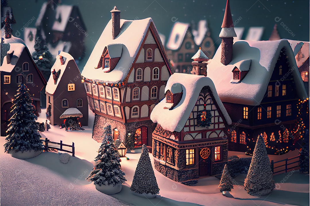 Vila de inverno decora o festival de Feliz Natal, renderização em 3D.