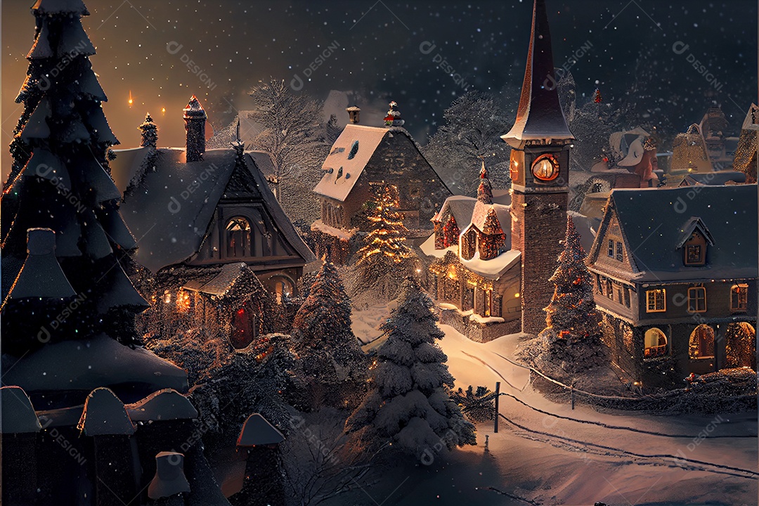 Vila de inverno decora o festival de Feliz Natal, renderização em 3D.