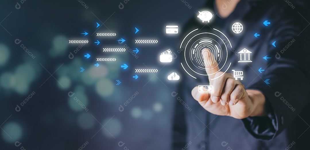 Processamento digital futurista de scanner de impressão digital de identificação biométrica para acessar dados financeiros pessoais.
