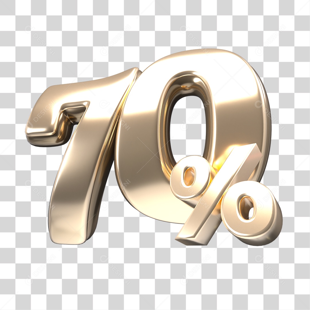 Número 3D 70% Por Cento Dourado Elemento Para Composição PNG Transparente