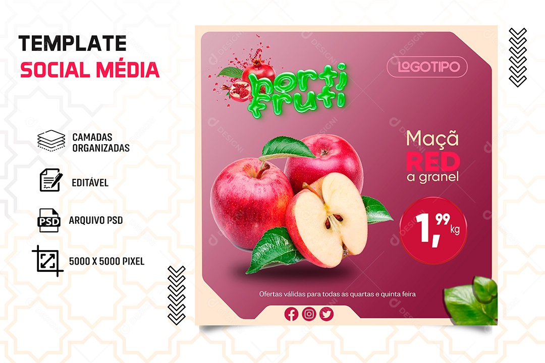 Post Hortifrúti Maçã Red A Granel Social Media PSD Editável