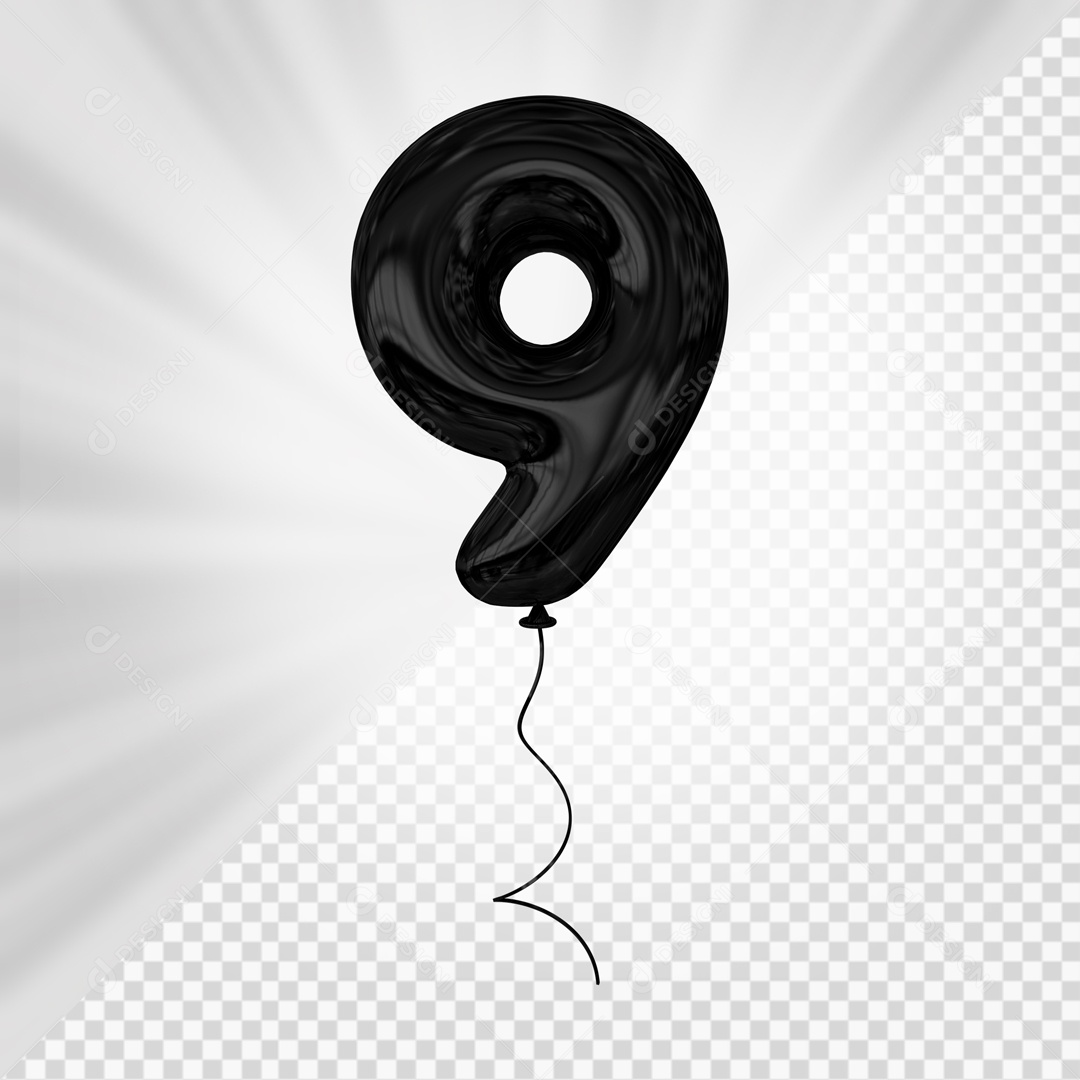 Balão de Número 9 Elemento 3D Preto Para composição PSD