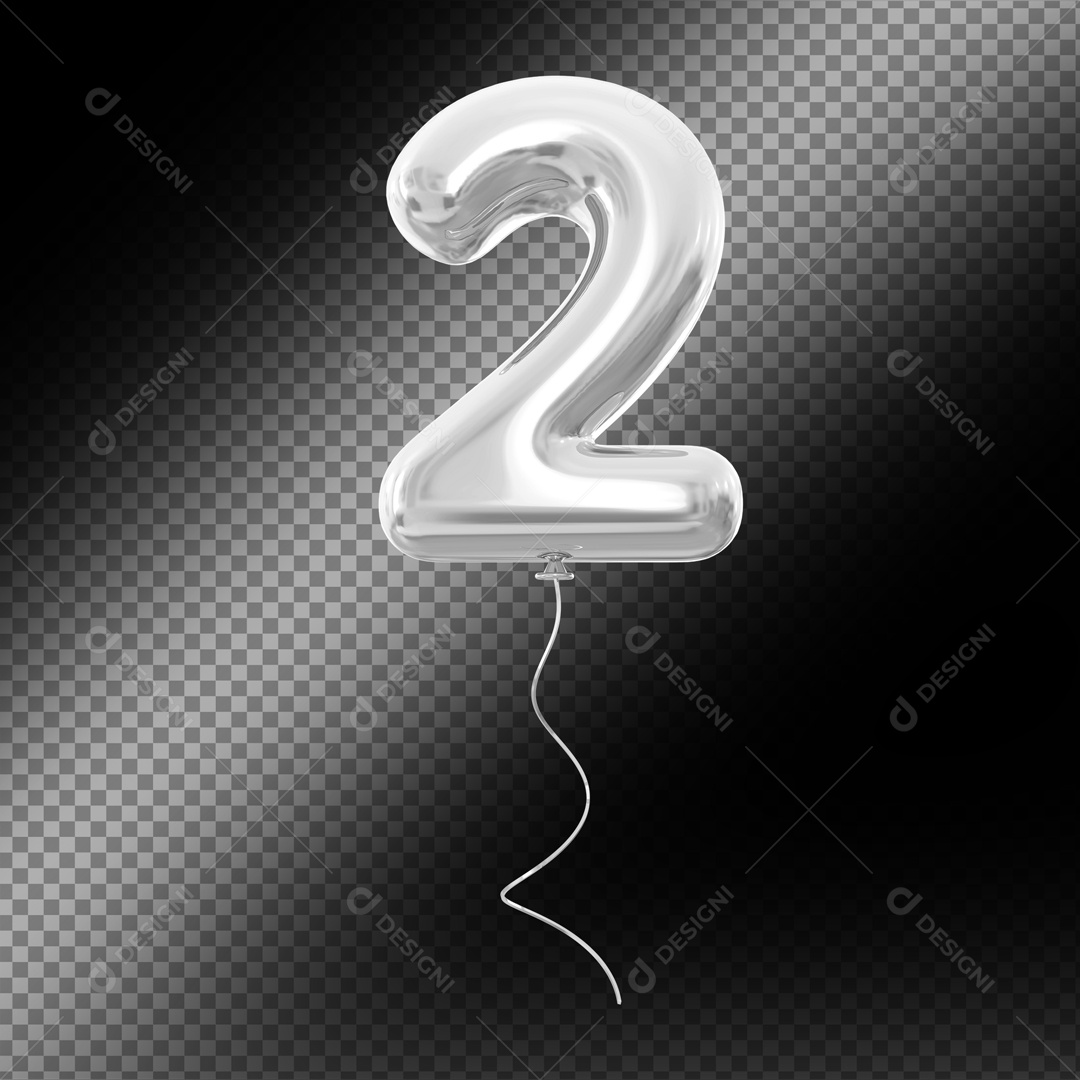 Balão de Número 2 Elemento 3D Prata Para composição PSD