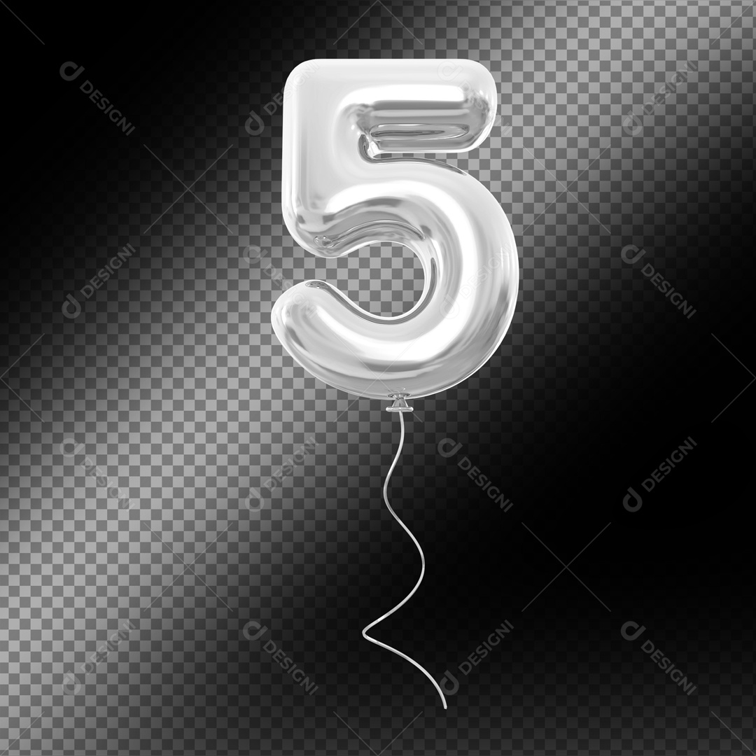 Balão de Número 5 Elemento 3D Prata Para composição PSD