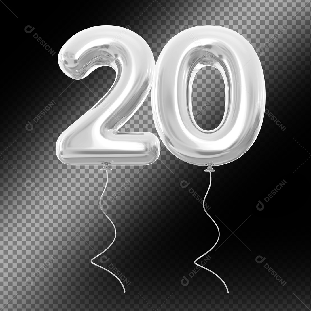 Balão de Número 20 Elemento 3D Prata Para composição PSD
