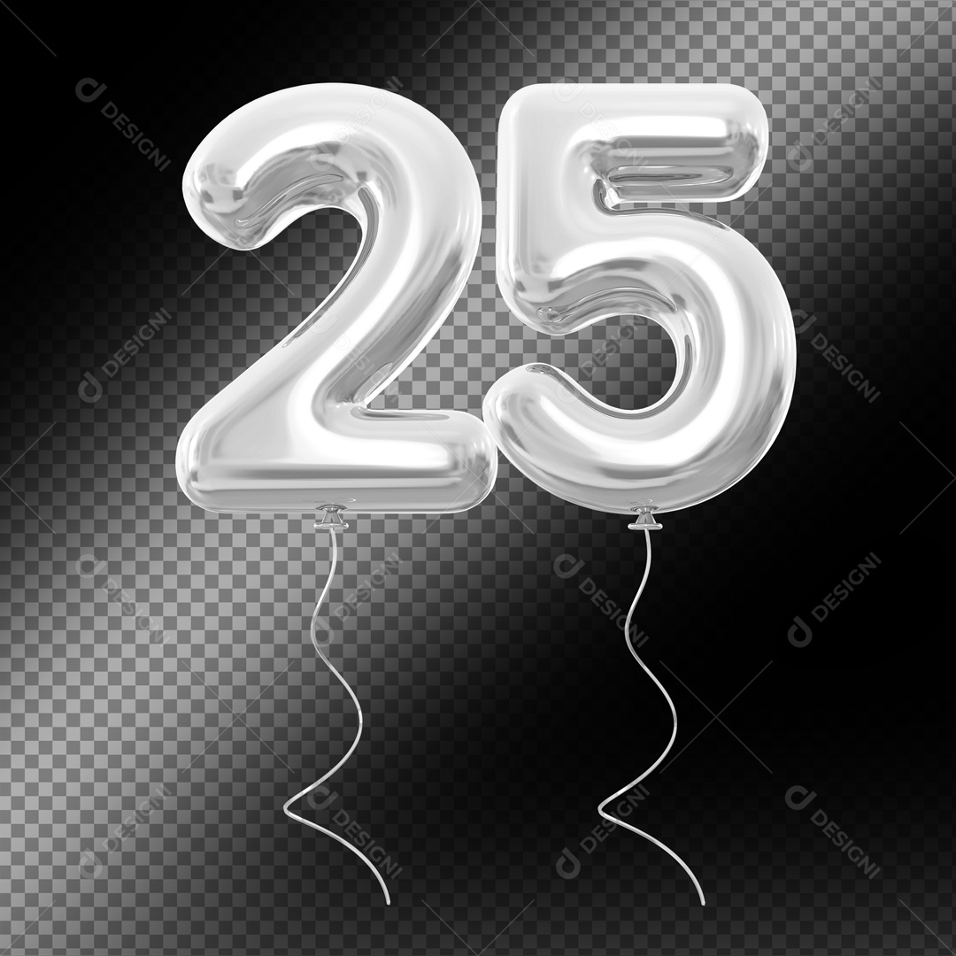 Balão de Número 25 Elemento 3D Prata Para composição PSD
