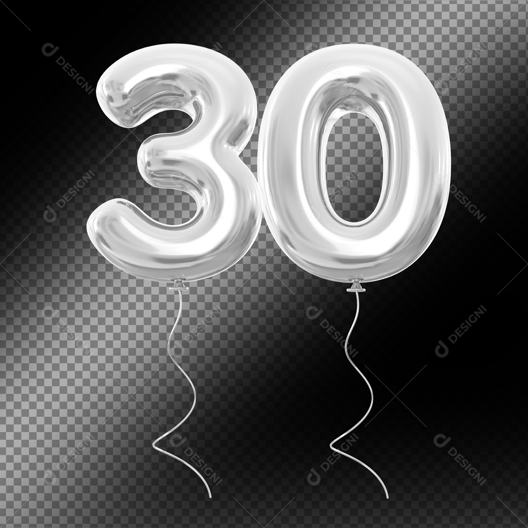 Balão de Número 30 Elemento 3D Prata Para composição PSD