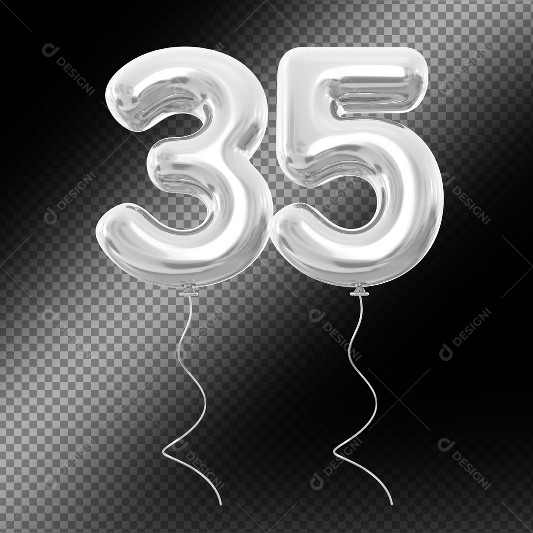 Balão de Número 35 Elemento 3D Prata Para composição PSD
