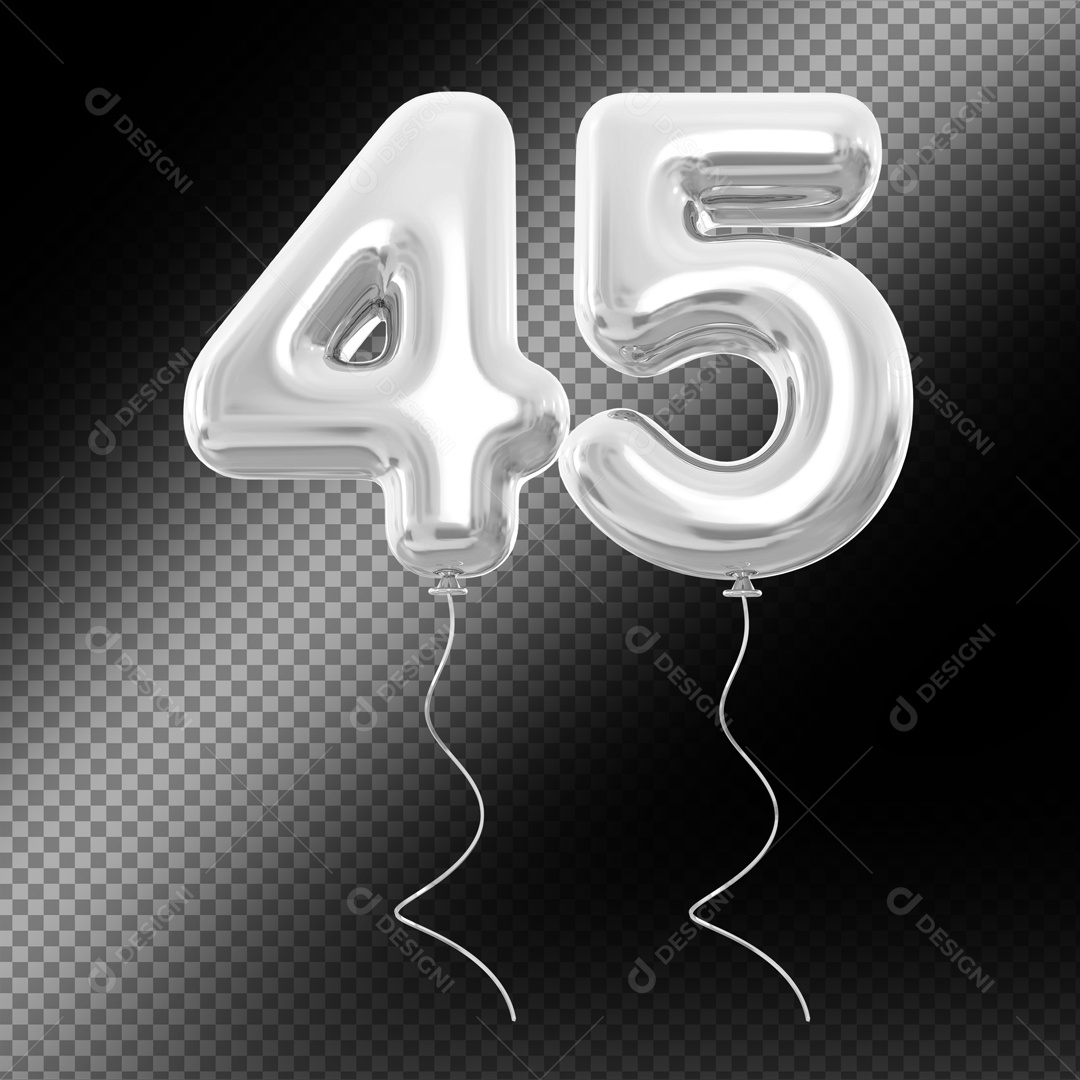 Balão de Número 45 Elemento 3D Prata Para composição PSD