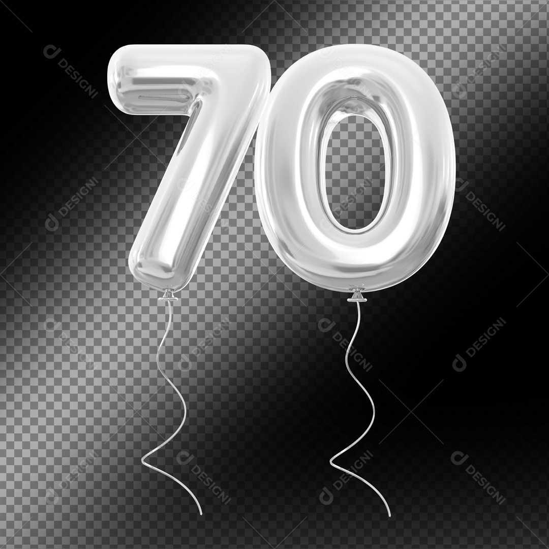 Balão de Número 70 Elemento 3D Prata Para composição PSD
