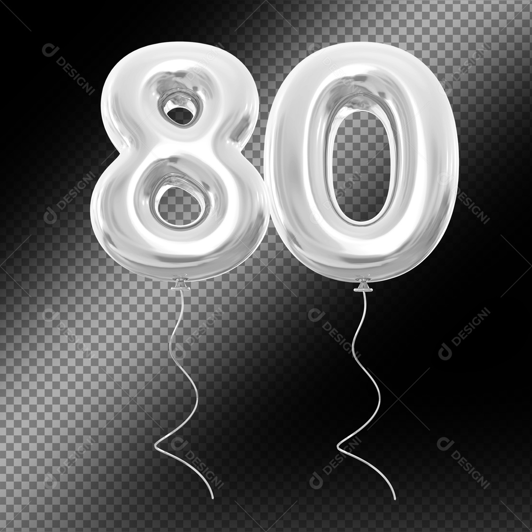 Balão de Número 80 Elemento 3D Prata Para composição PSD