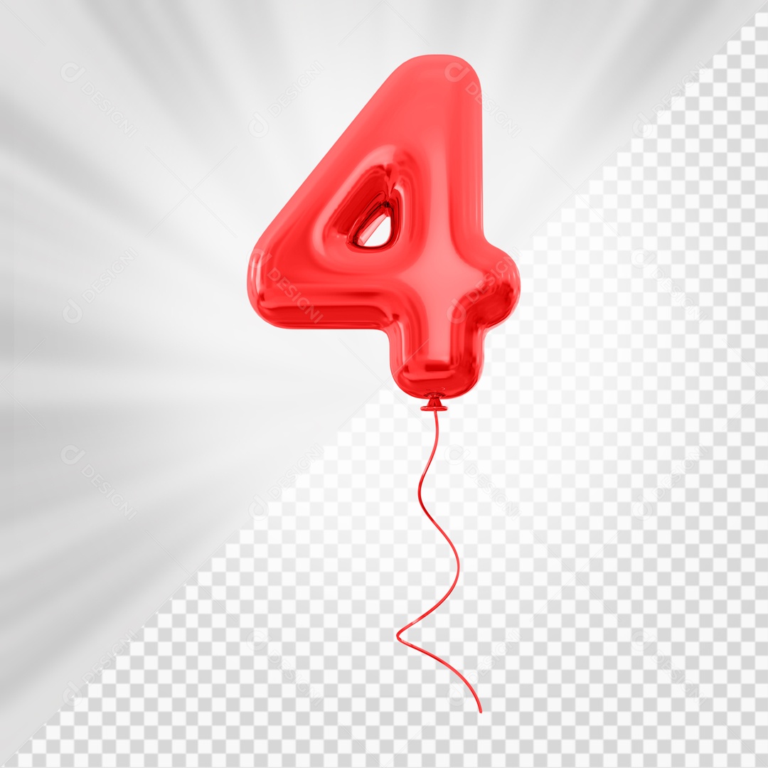 Balão de Número 4 Elemento 3D Vermelho Para composição PSD