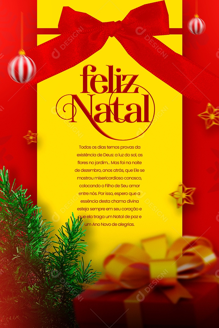 Cartão de Natal Vermelho e Amarelo Feliz Natal Social Media PSD Editável
