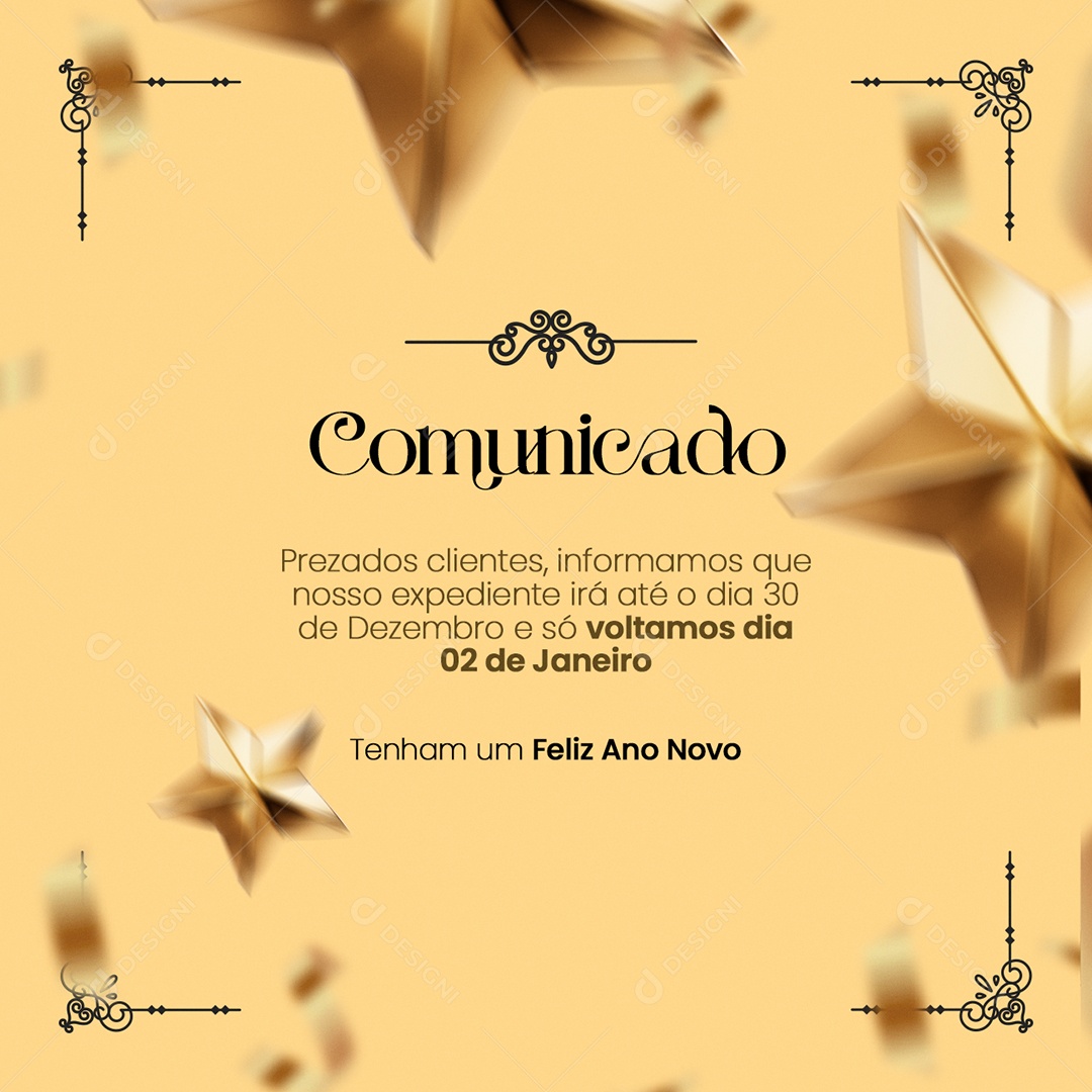 Comunicado Prezados Clientes Expediente até Dia 30 Feliz Ano Novo Social Media PSD Editável