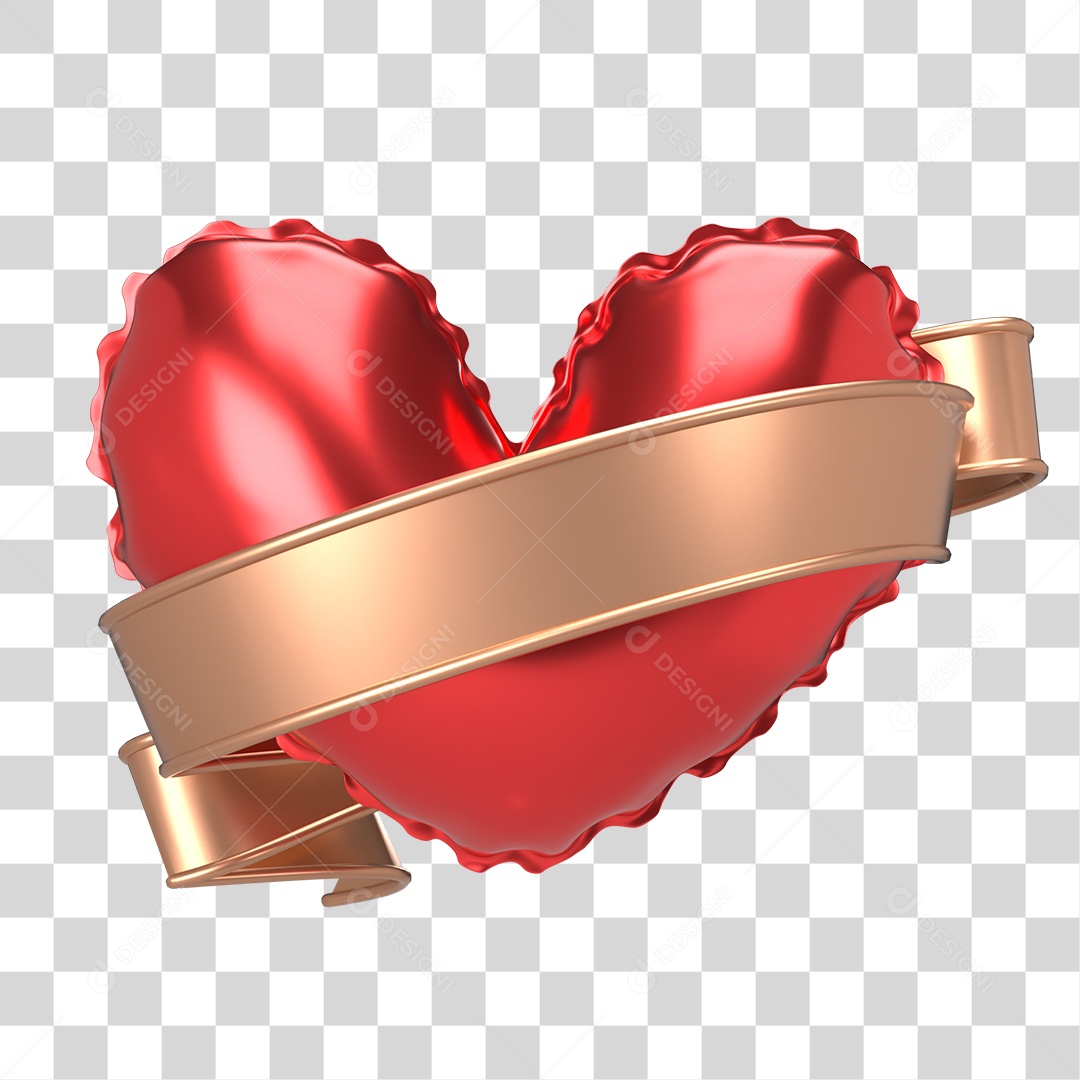 Elemento 3D Para Composição Coração Vermelho Com Faixa Dourada PNG Transparente
