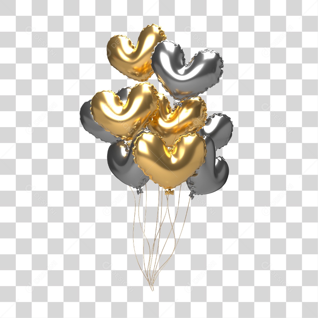 Elemento 3D Para Composição Balões de Coração Dourado e Prata PNG Transparente