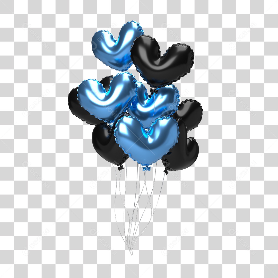 Elemento 3D Para Composição Balões de Coração Azul e Preto PNG Transparente