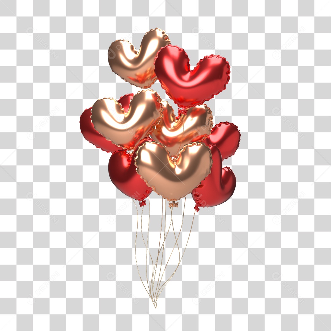 Elemento 3D Para Composição Balões de Coração Vermelho e Dourado PNG Transparente