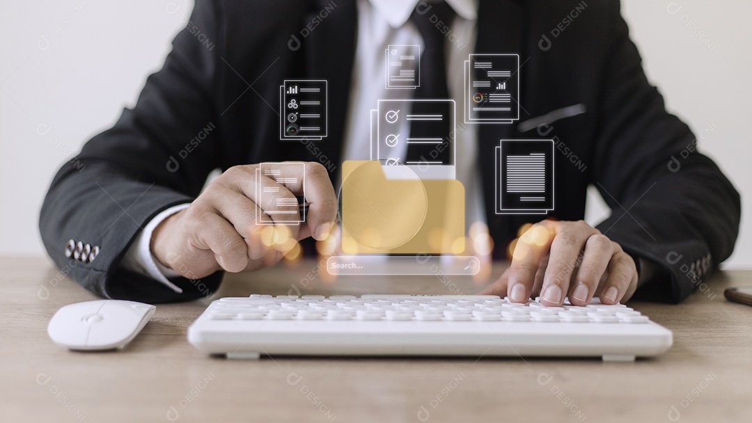 Dispositivo digital de toque do dedo do empresário, holograma hud com ícones de documentos de escritório e binário