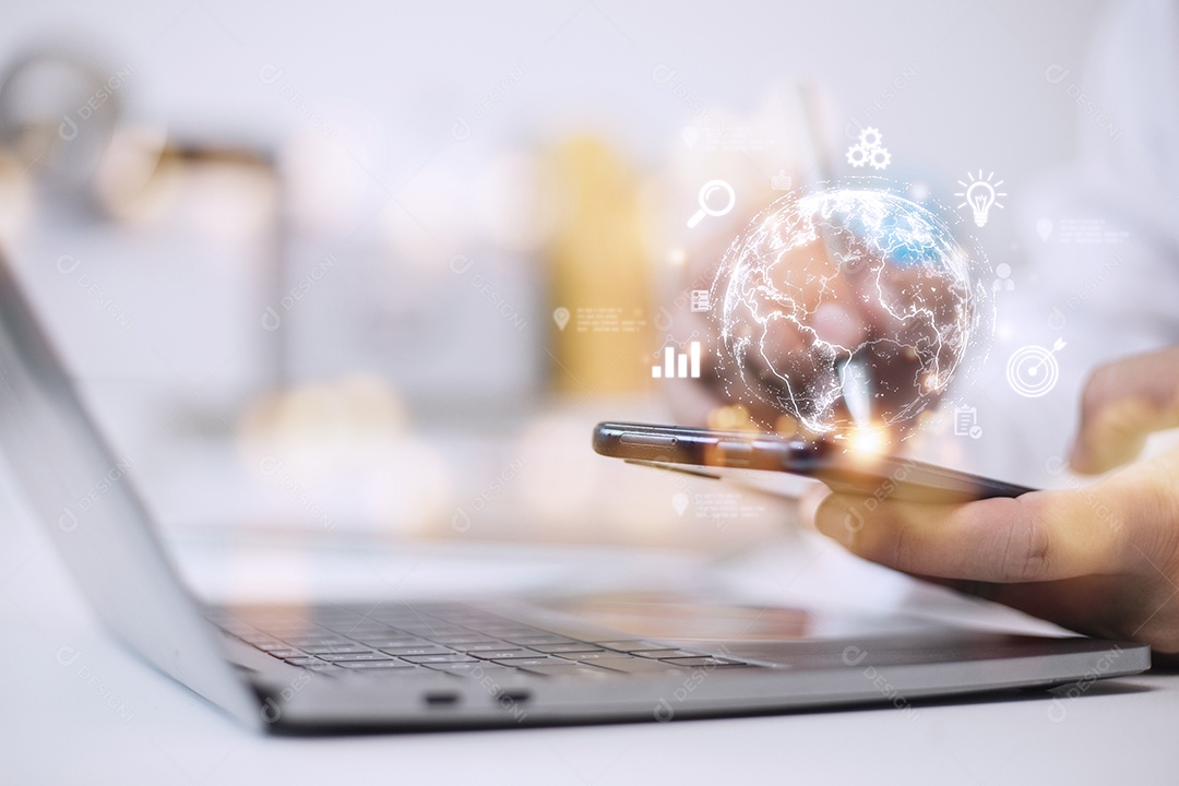 As pessoas usam smartphones móveis. Conexão de internet global de negócios