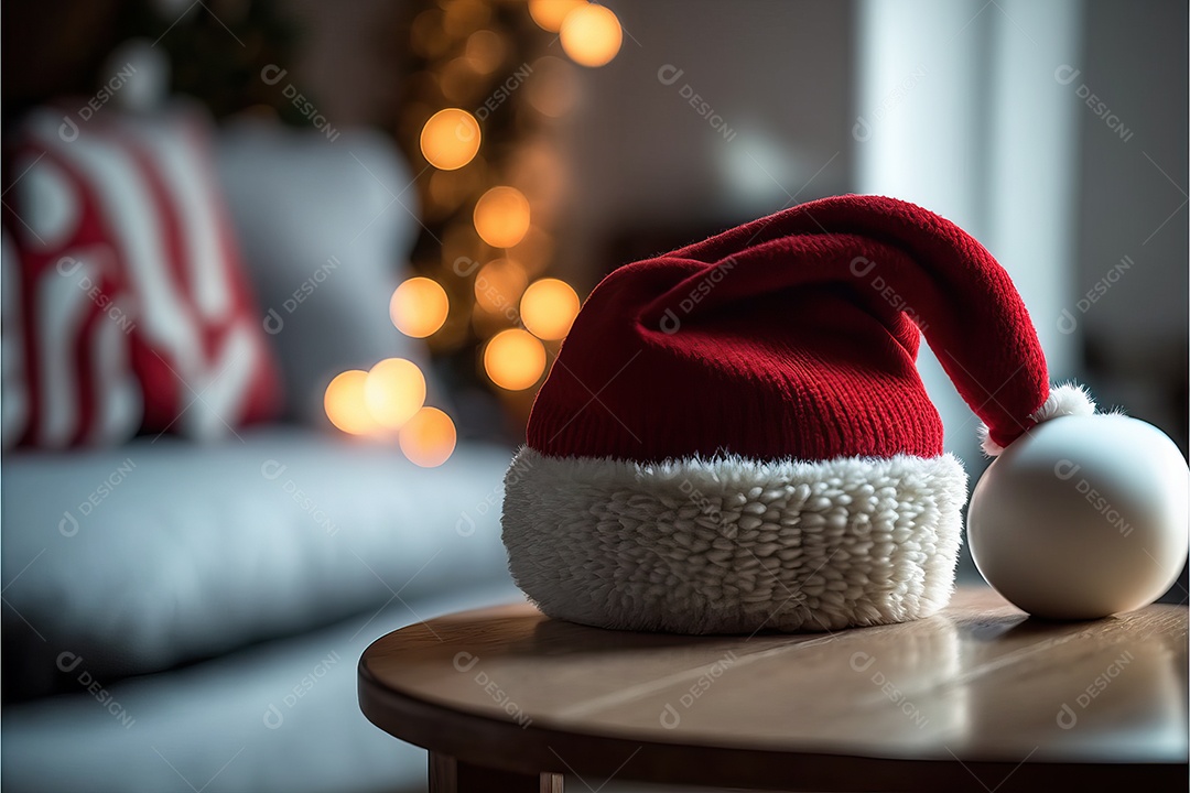 Chapéu de Papai Noel vermelho com um pompom branco em cima de uma mesa isolada. Foco seletivo com fundo desfocado.