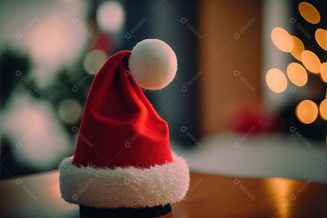 Chapéu de Papai Noel vermelho com um pompom branco em cima de uma mesa isolada. Foco seletivo com fundo desfocado.