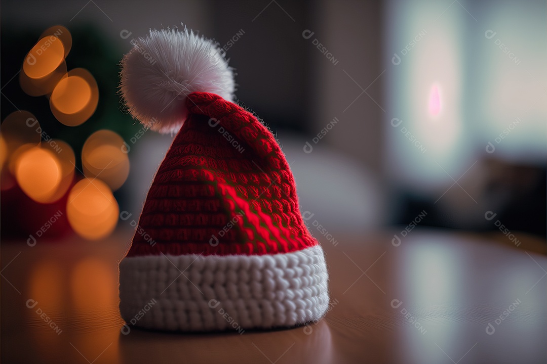 Chapéu de Papai Noel vermelho com um pompom branco em cima de uma mesa isolada. Foco seletivo com fundo desfocado.