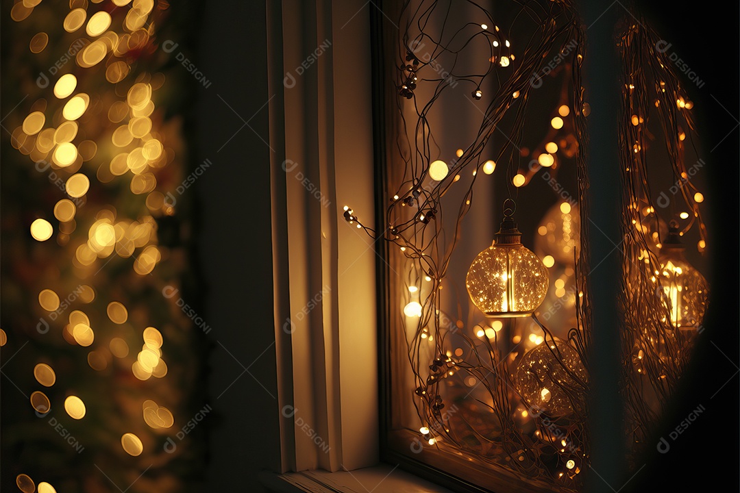 Guirlanda de luz de Natal na janela e decoração em fundo colorido com foco seletivo e fundo desfocado.