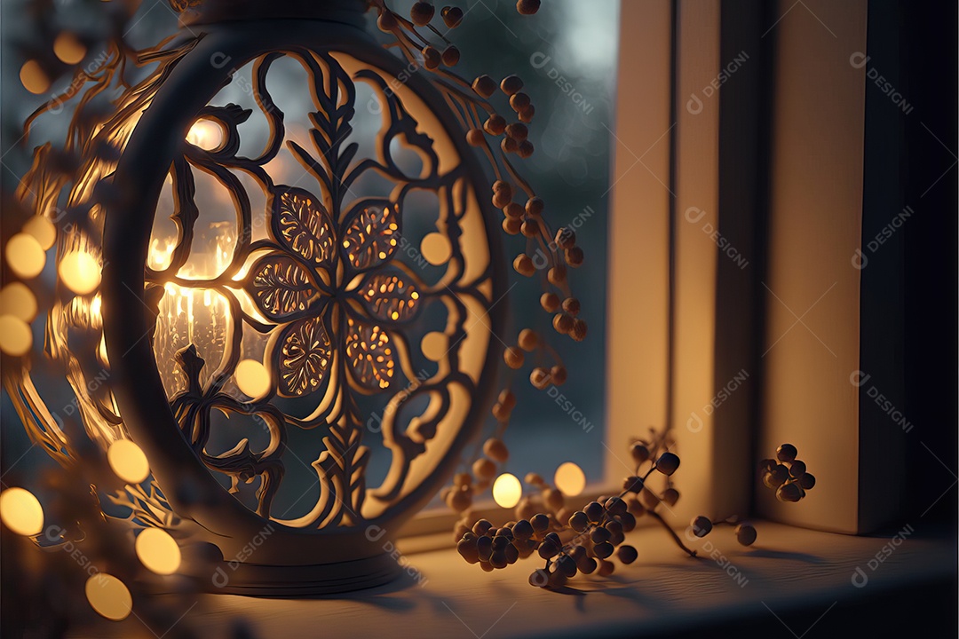 Guirlanda de luz de Natal na janela e decoração em fundo colorido com foco seletivo e fundo desfocado.