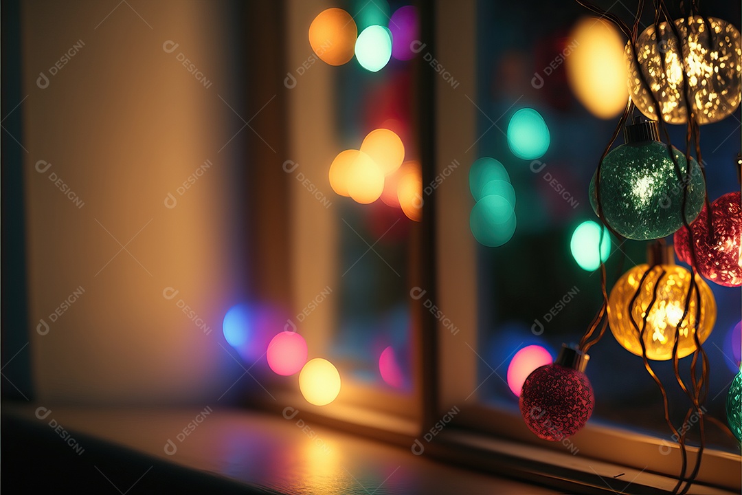 Guirlanda de luz de Natal na janela e decoração em fundo colorido com foco seletivo e fundo desfocado.