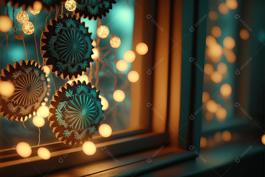 Guirlanda de luz de Natal na janela e decoração em fundo colorido com foco seletivo e fundo desfocado.