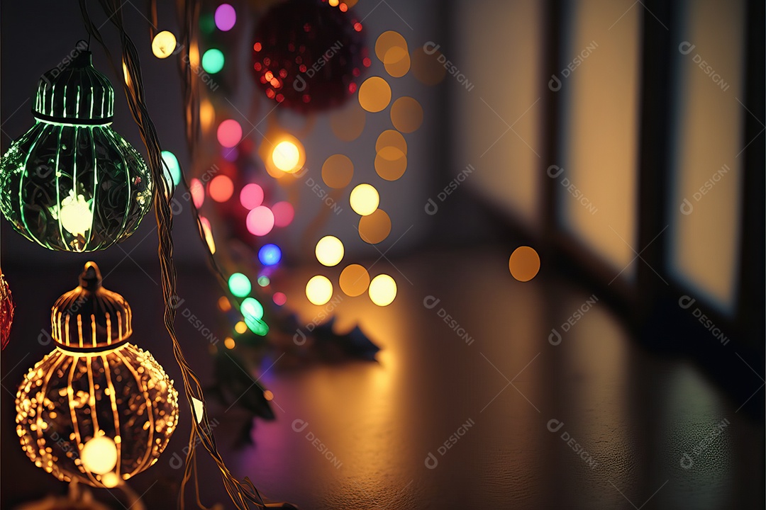 Guirlanda de luz de Natal na janela e decoração em fundo colorido com foco seletivo e fundo desfocado.