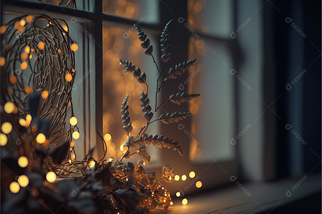 Guirlanda de luz de Natal na janela e decoração em fundo colorido com foco seletivo e fundo desfocado.