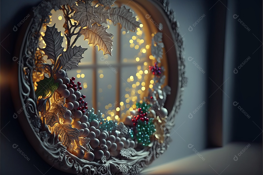 Christmas light garland on window and decoration on colorful background with selective focus and blurred background.