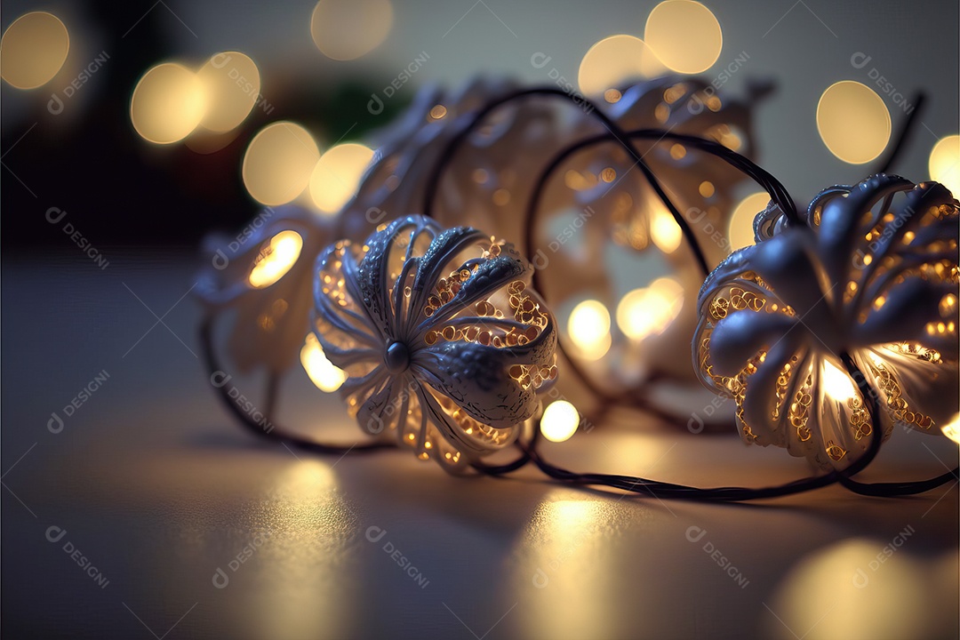 Guirlanda de luz de Natal na janela e decoração em fundo colorido com foco seletivo e fundo desfocado.